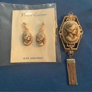 Vintage goldstone cameo with light pink antiqued earrings with matching brooch